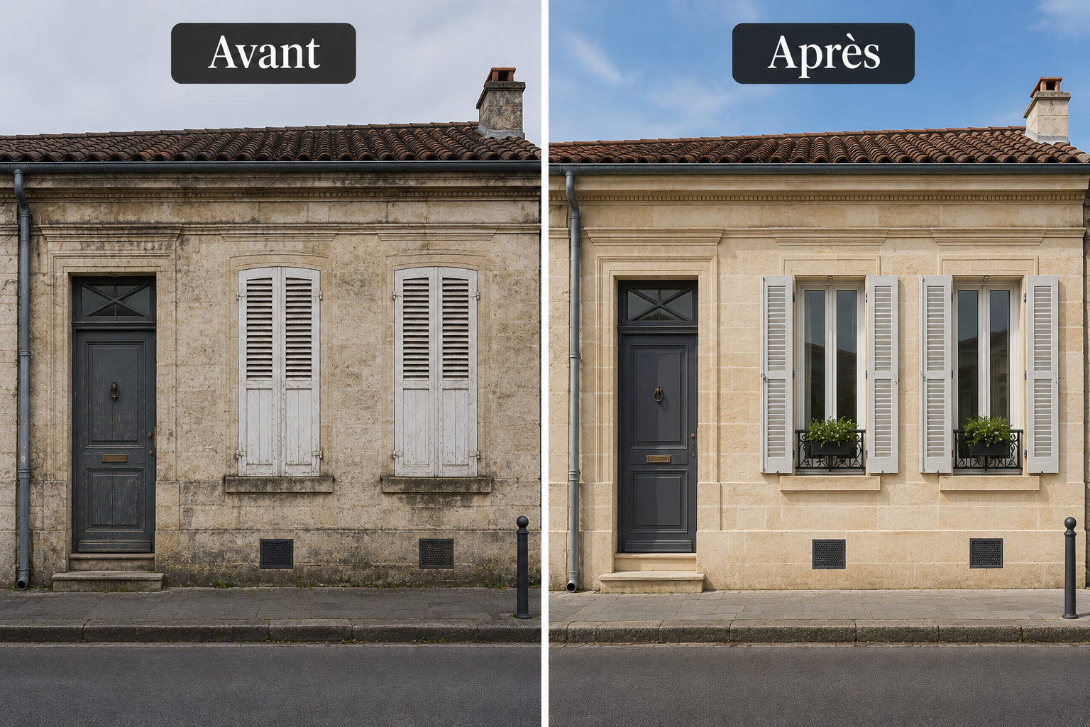 Avant et après le nettoyage d'une échoppe bordelaise