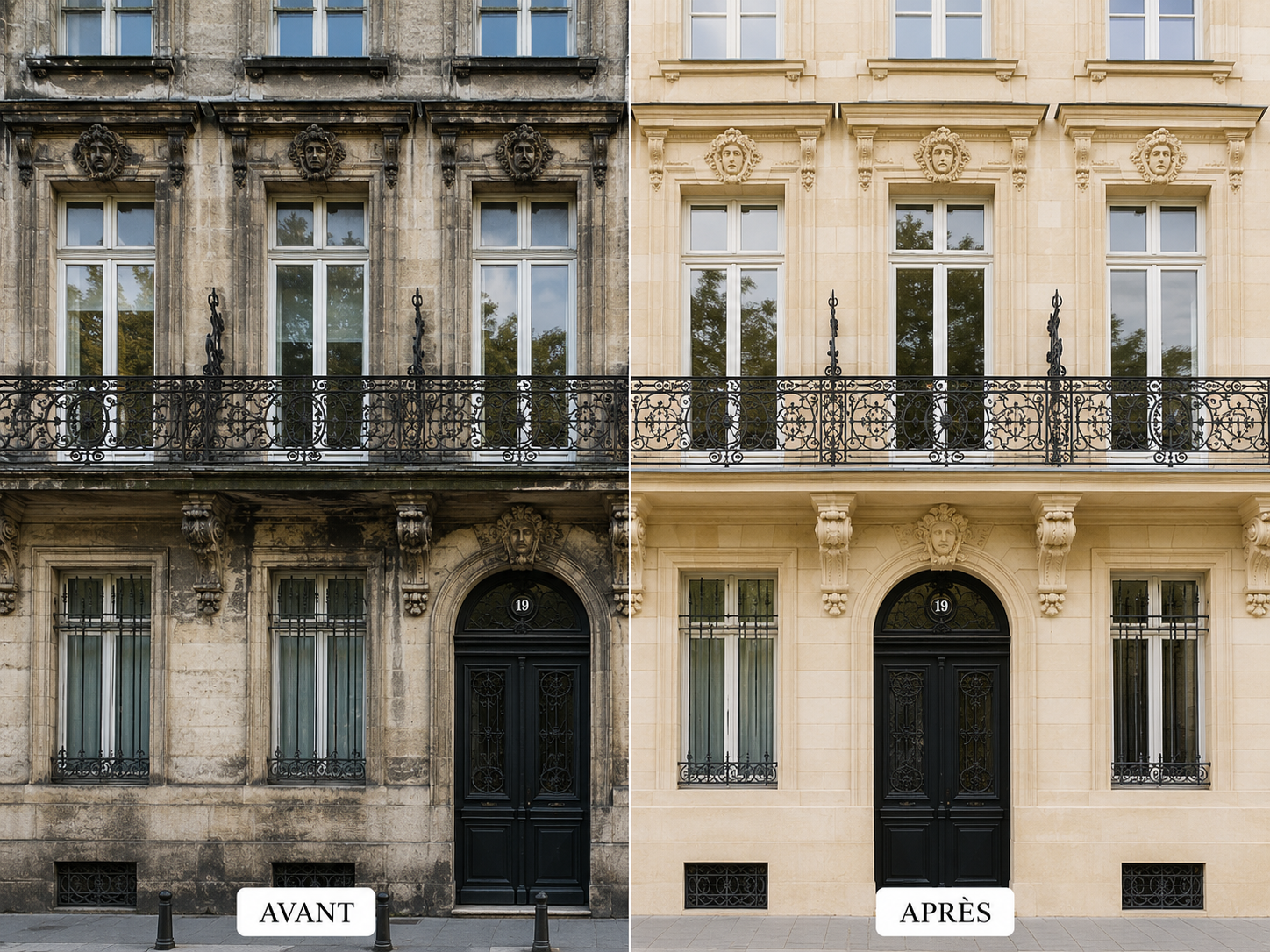 Avant et après le nettoyage d'une façade en pierre bordelaise