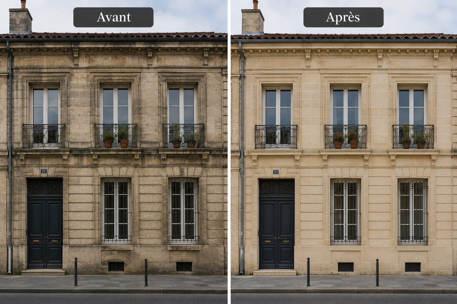 Avant et après le nettoyage d'un immeuble bordelais