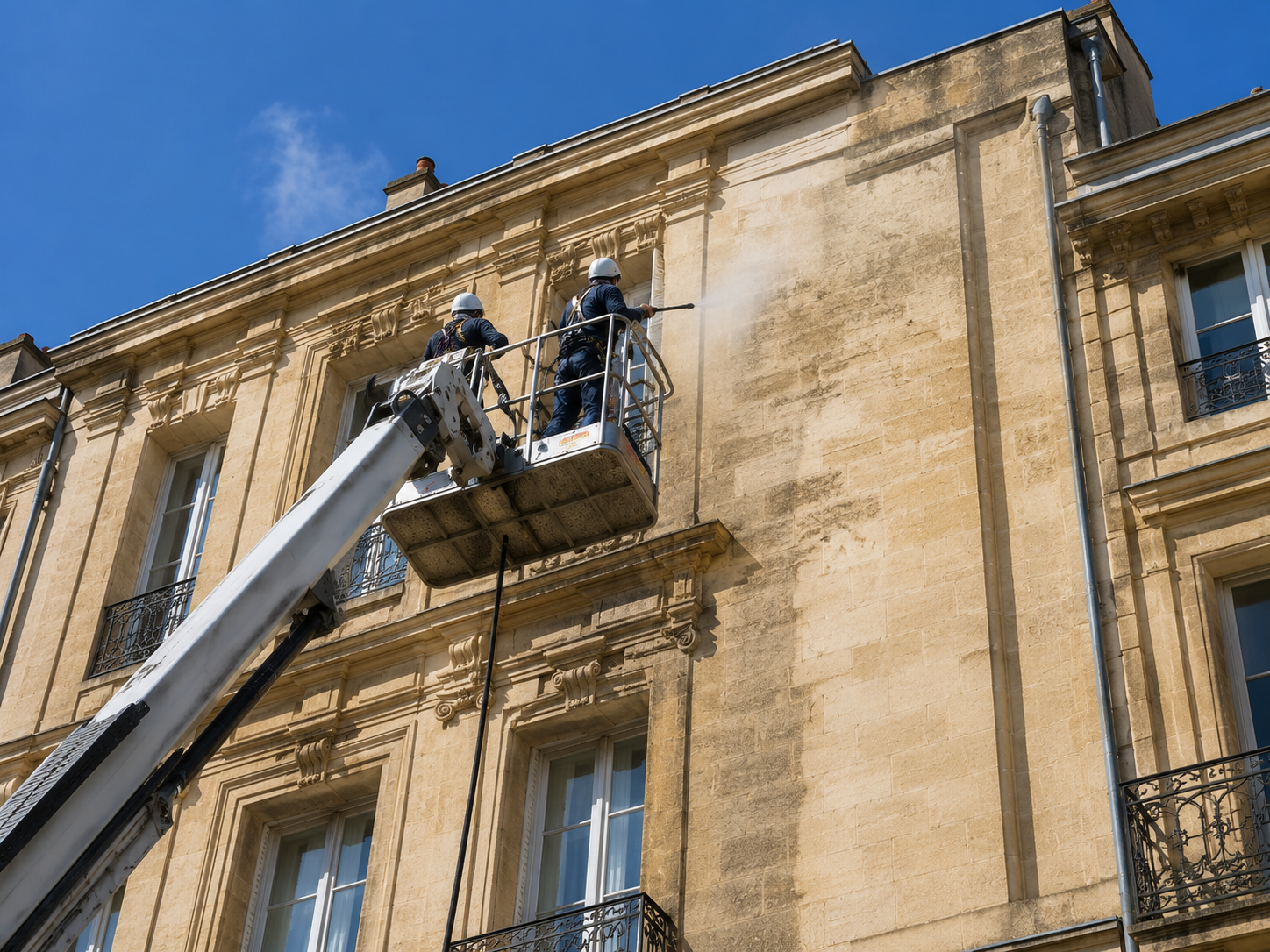 Équipe Pro'jet Façade sur nacelle nettoyant une façade en pierre blonde à Bordeaux