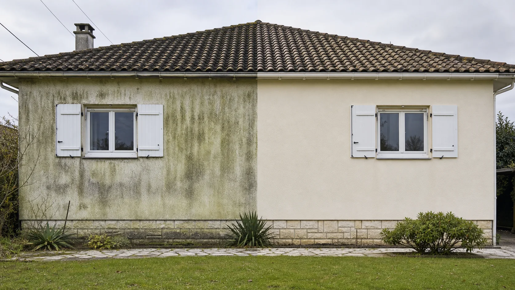 Avant et après le nettoyage d'une façade enduite à Mérignac