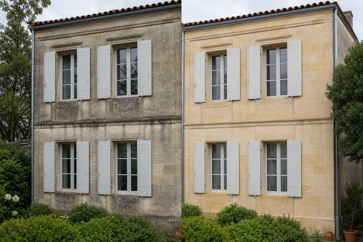 Avant et après le nettoyage doux d'une façade en pierre à Pessac