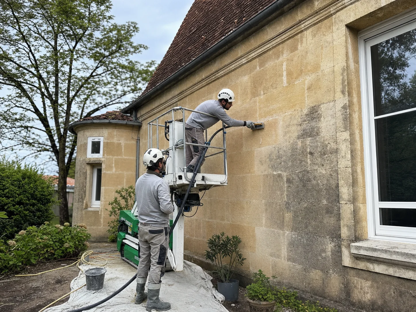 Équipe professionnelle nettoyant délicatement une façade en pierre à Pessac