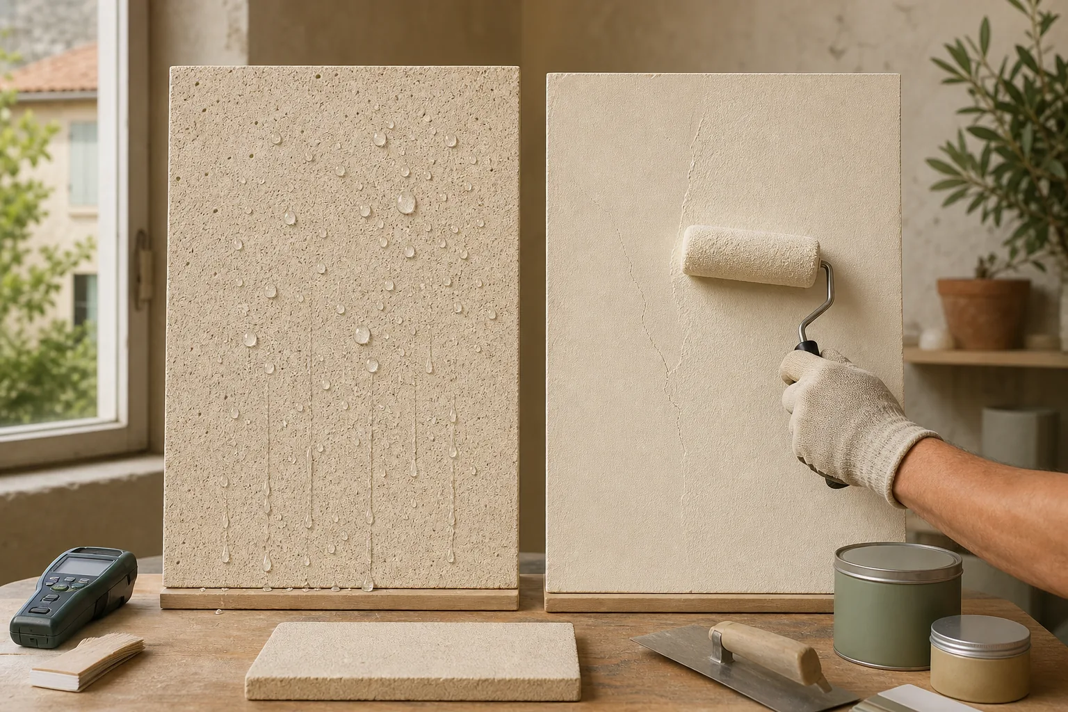 Comparaison visuelle entre hydrofuge perlant et revêtement d'imperméabilité appliqué au rouleau