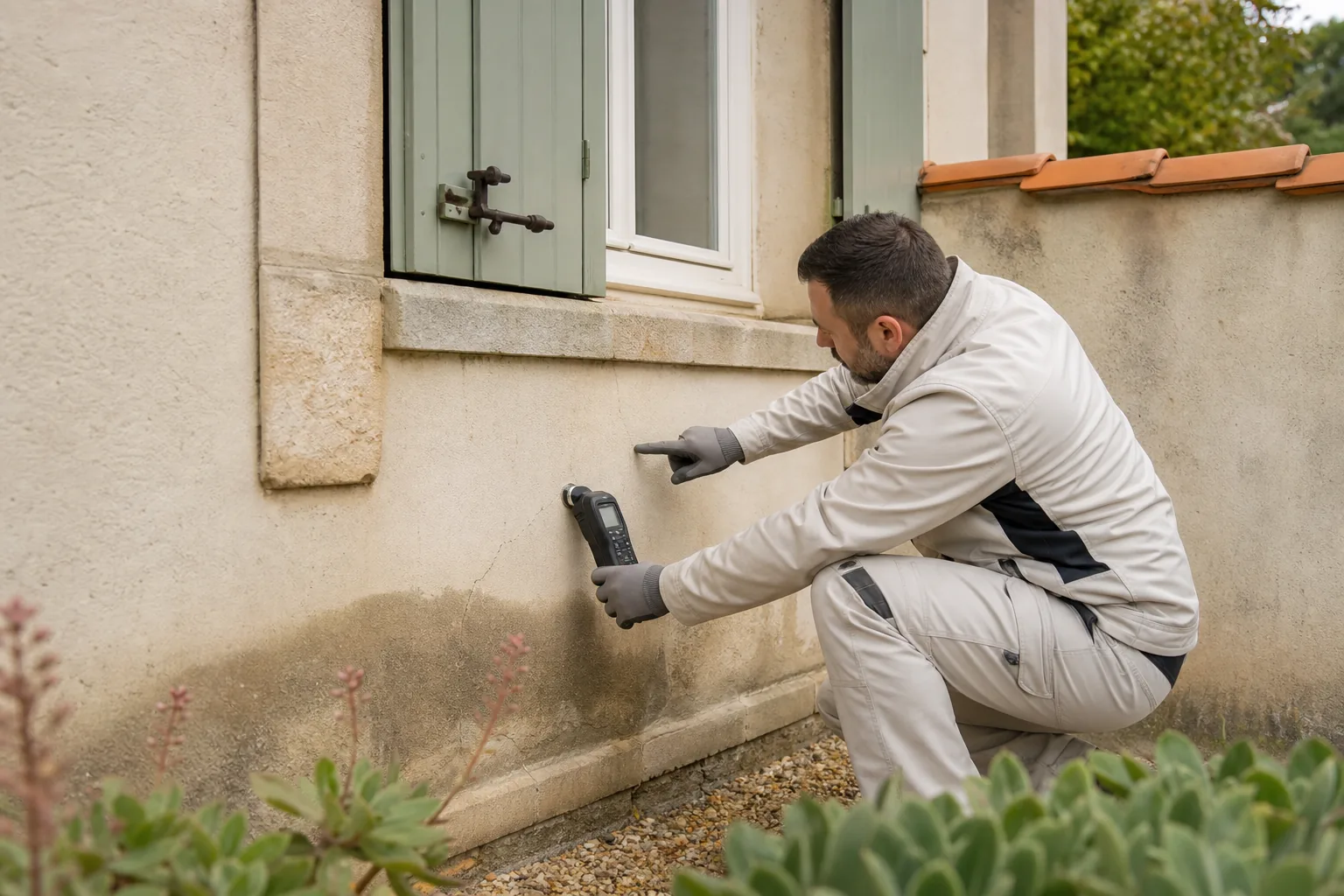 Professionnel contrôlant l'humidité et une fissure sur une façade