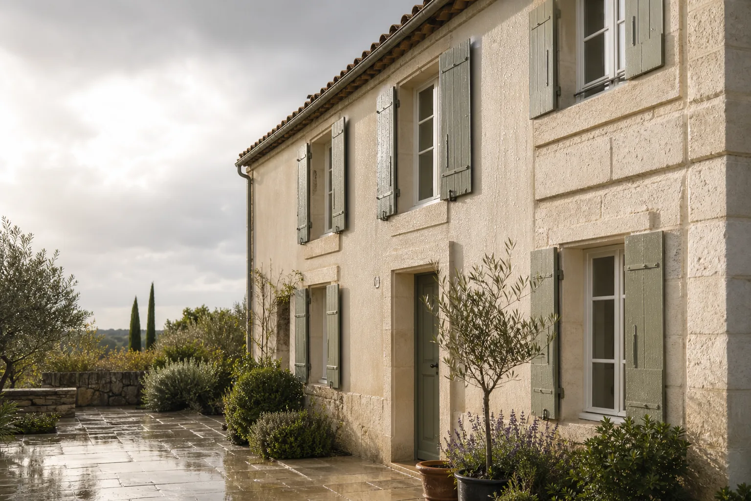 Façade girondine protégée où l'eau de pluie perle sur l'enduit