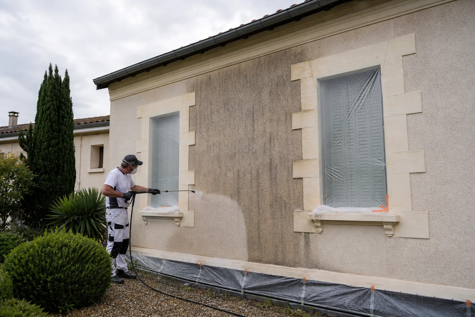 Nettoyage professionnel d'une façade en crépi avant peinture
