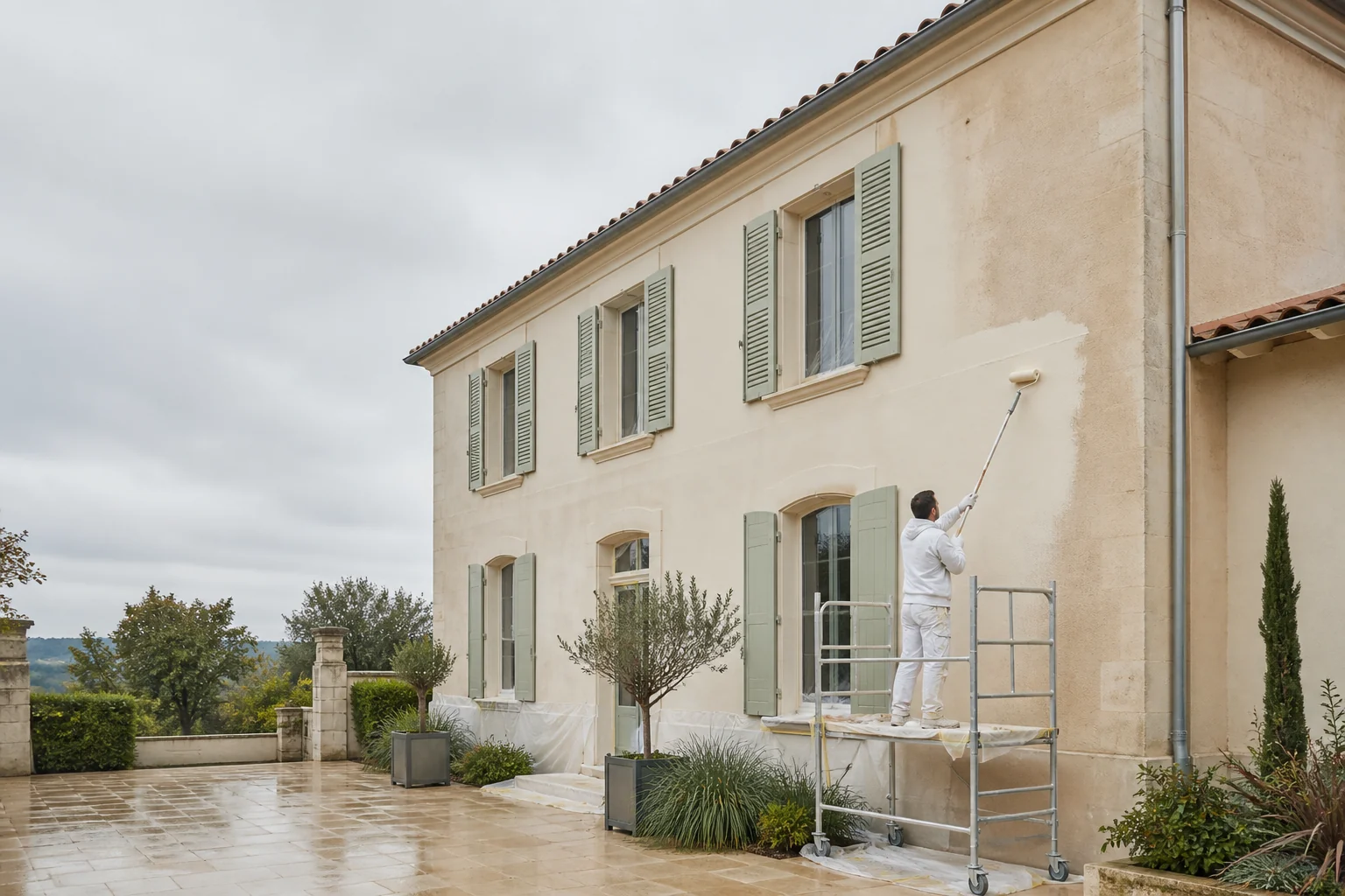 Application professionnelle d'une peinture claire sur une façade enduite en Gironde