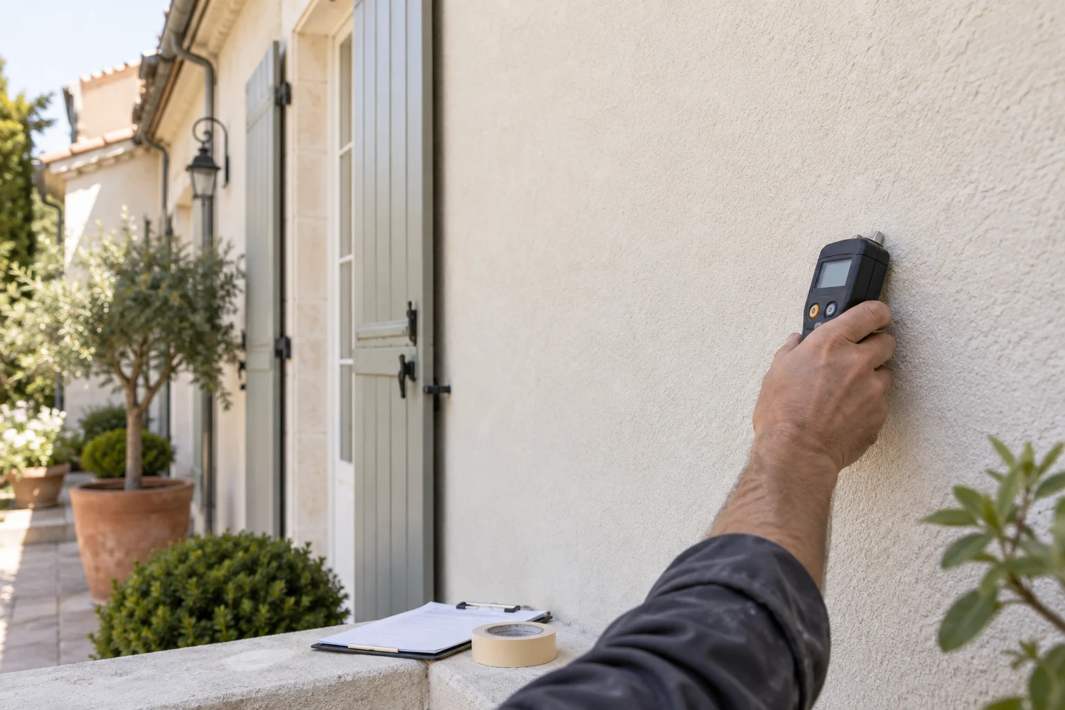 Mesure de l’humidité sur une façade en enduit peint avant intervention