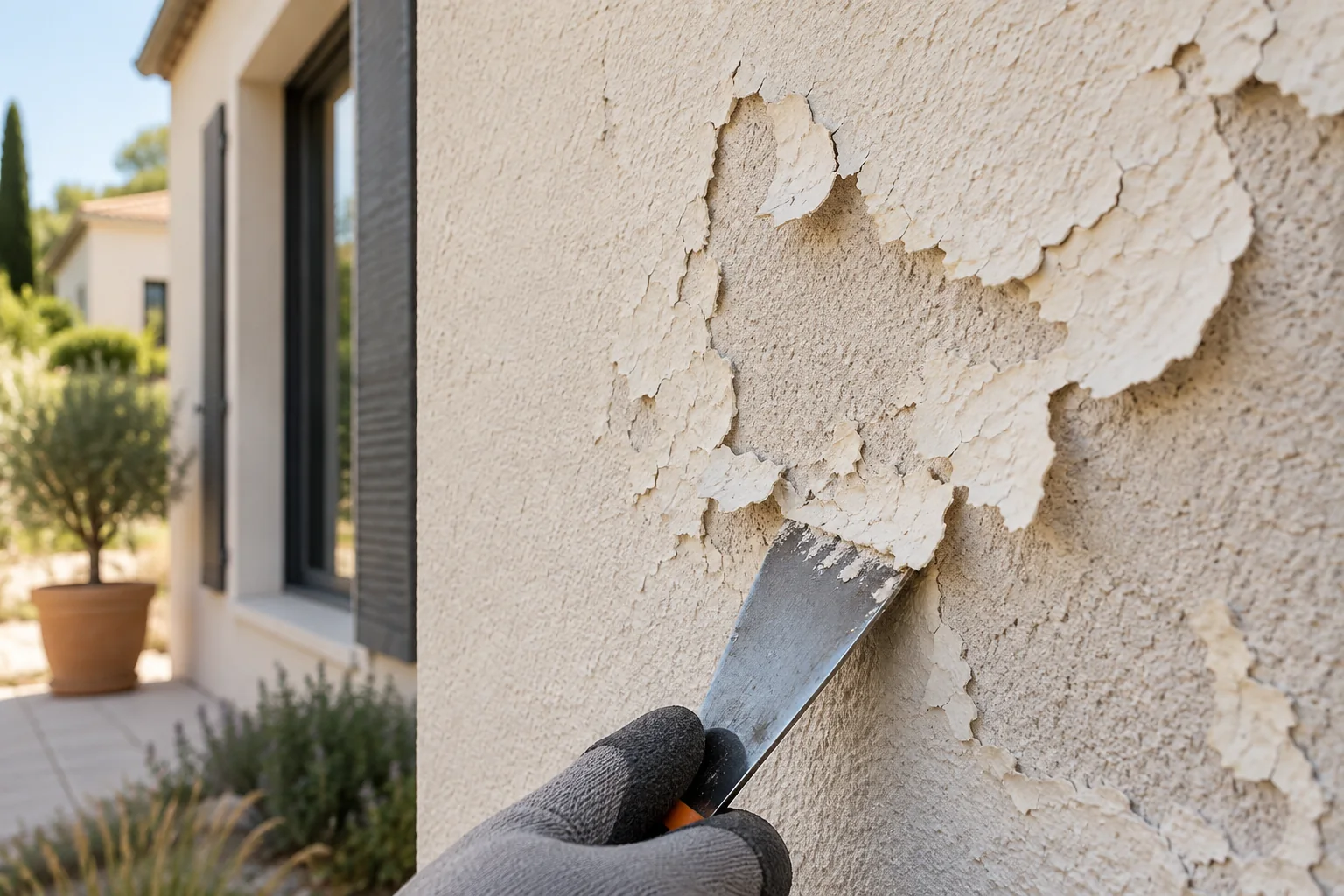 Ancienne peinture qui se décolle sur une façade en enduit pendant un test au grattoir