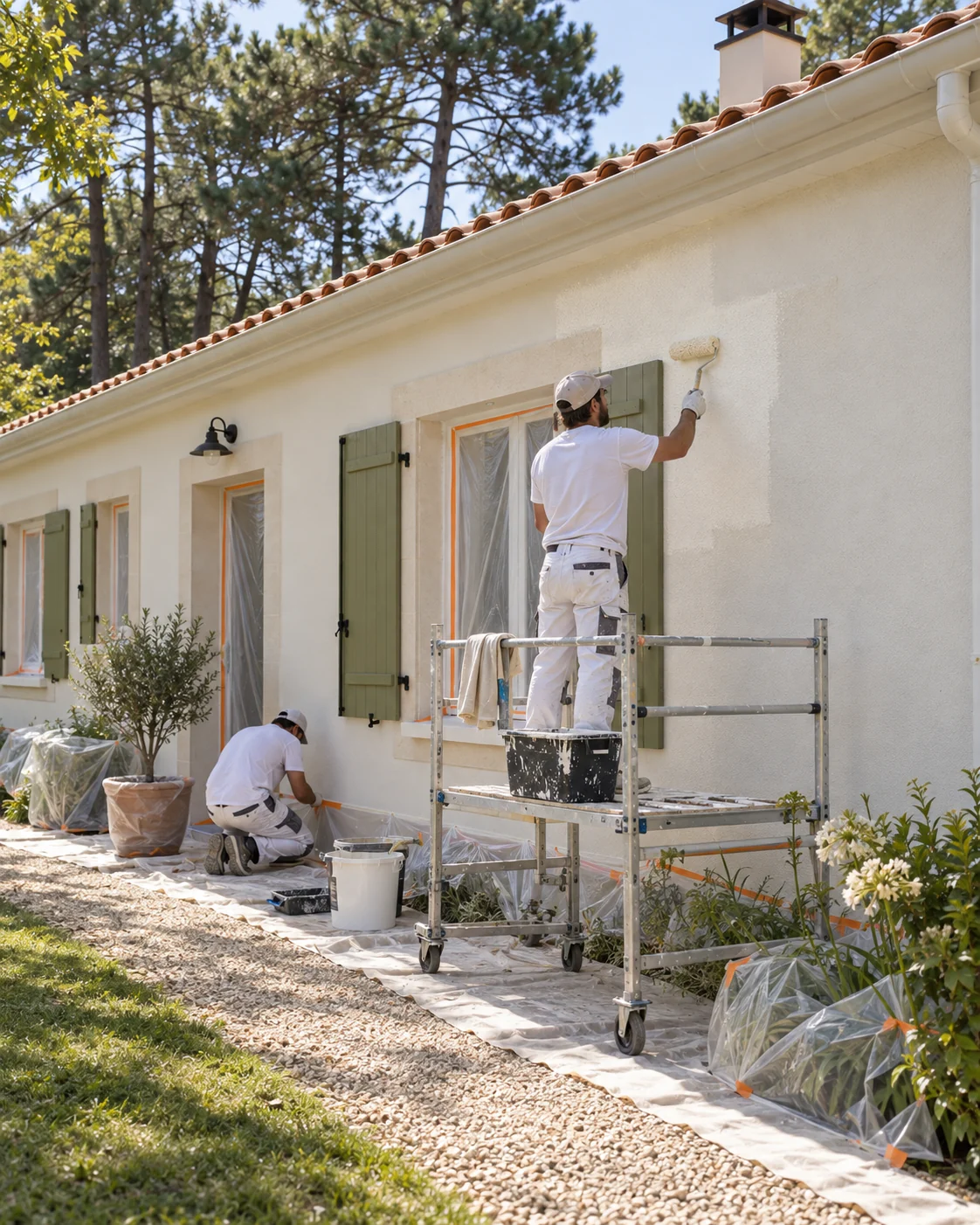 Illustration générée de façadiers peignant un pavillon de plain-pied à Martignas-sur-Jalle