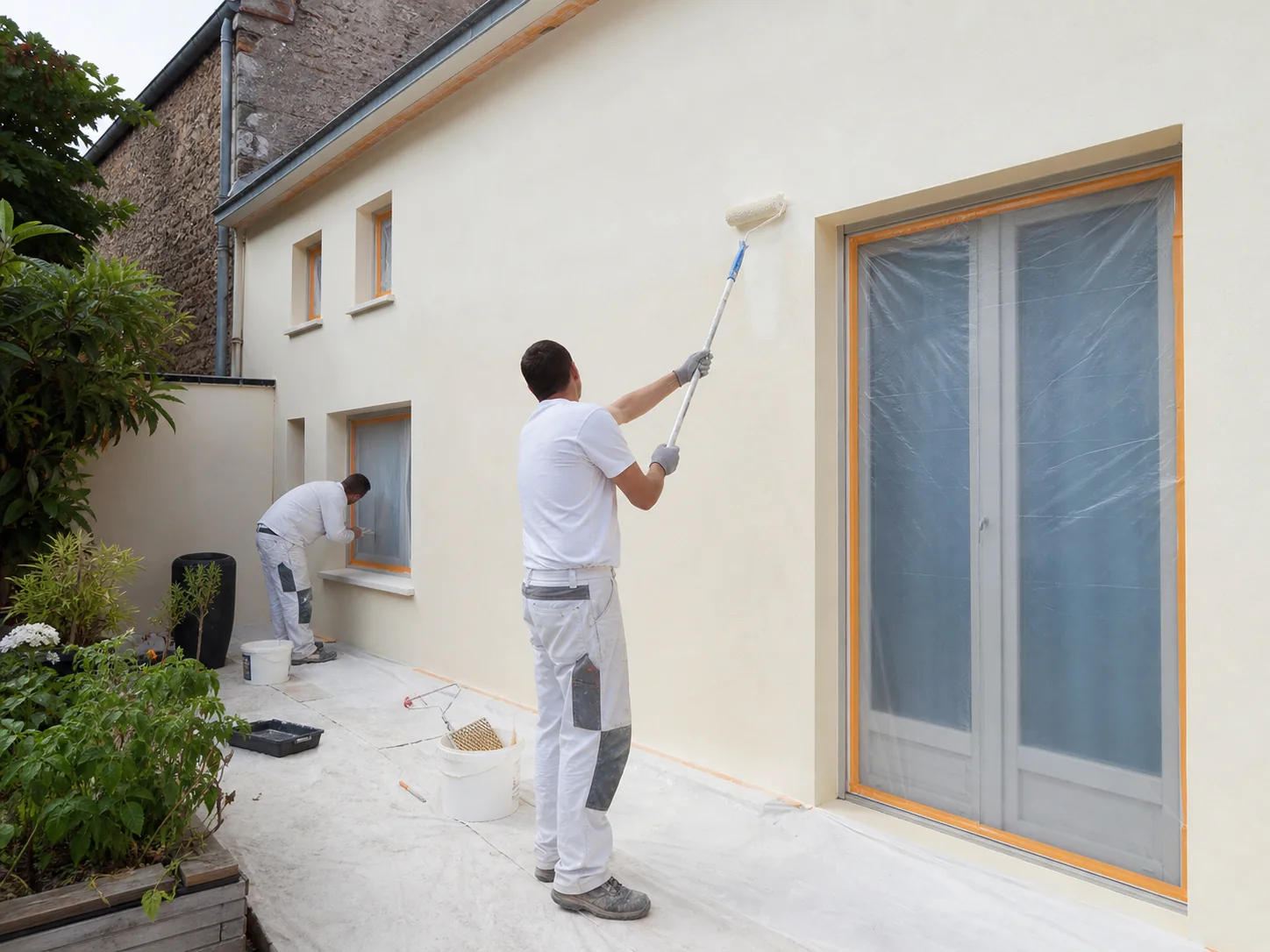 Artisans appliquant une peinture respirante sur une façade à Talence