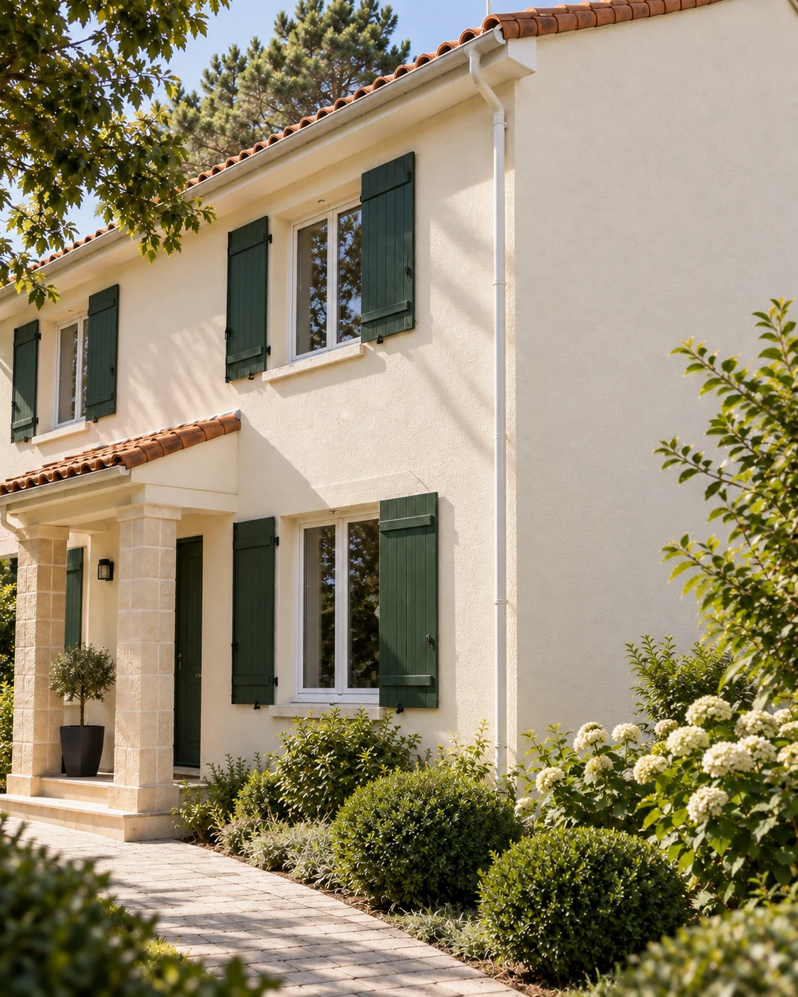 Illustration générée d'une façade claire repeinte dans un jardin arboré