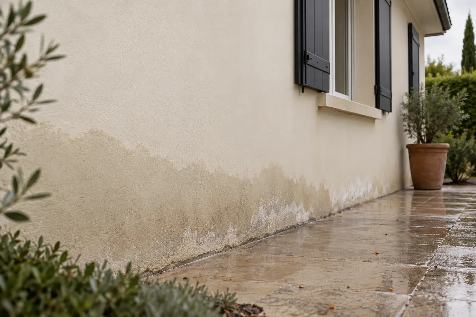 Façade en enduit peint marquée par l'humidité en pied de mur