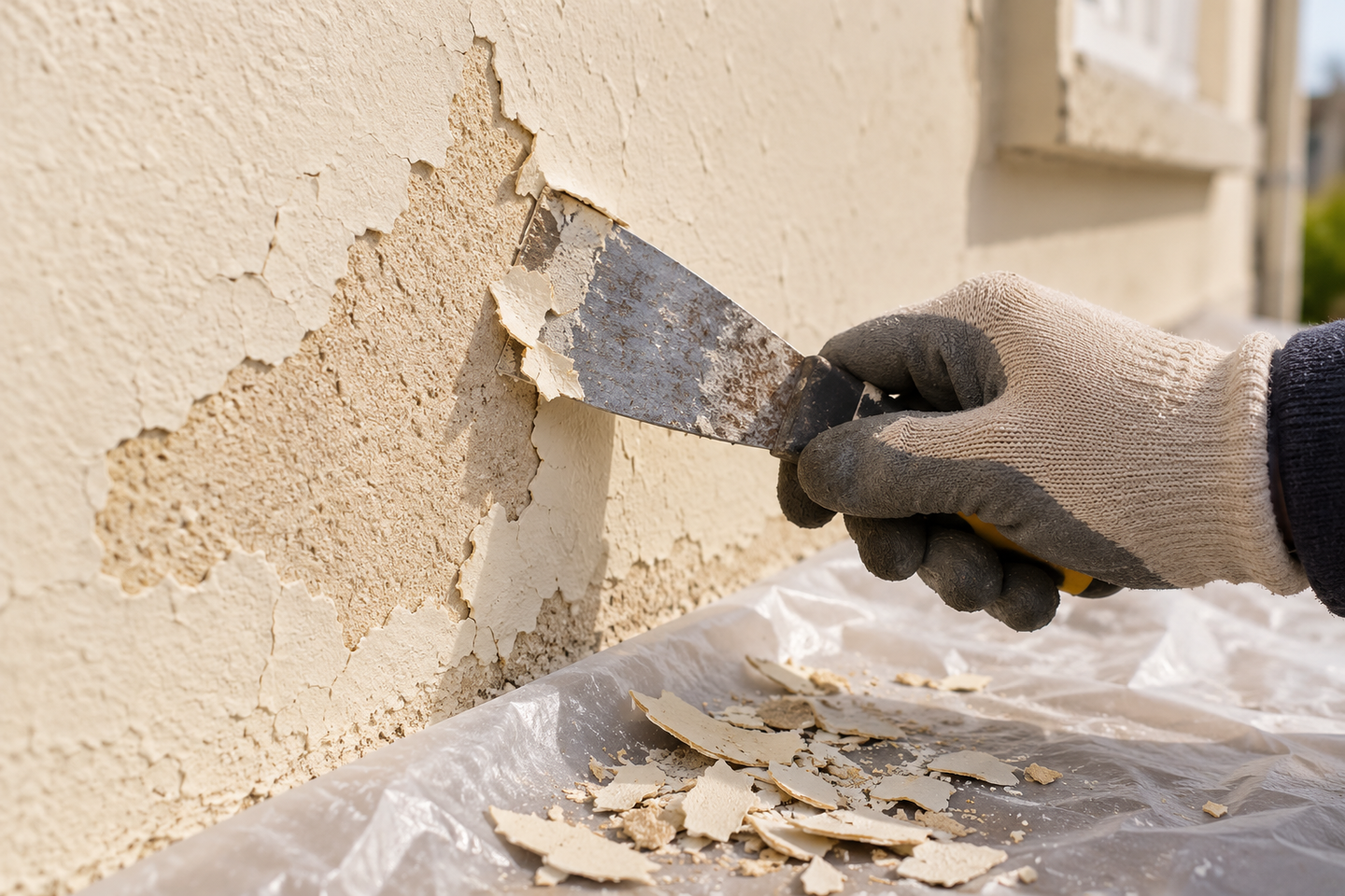 Retrait au grattoir d’une peinture non adhérente sur une façade