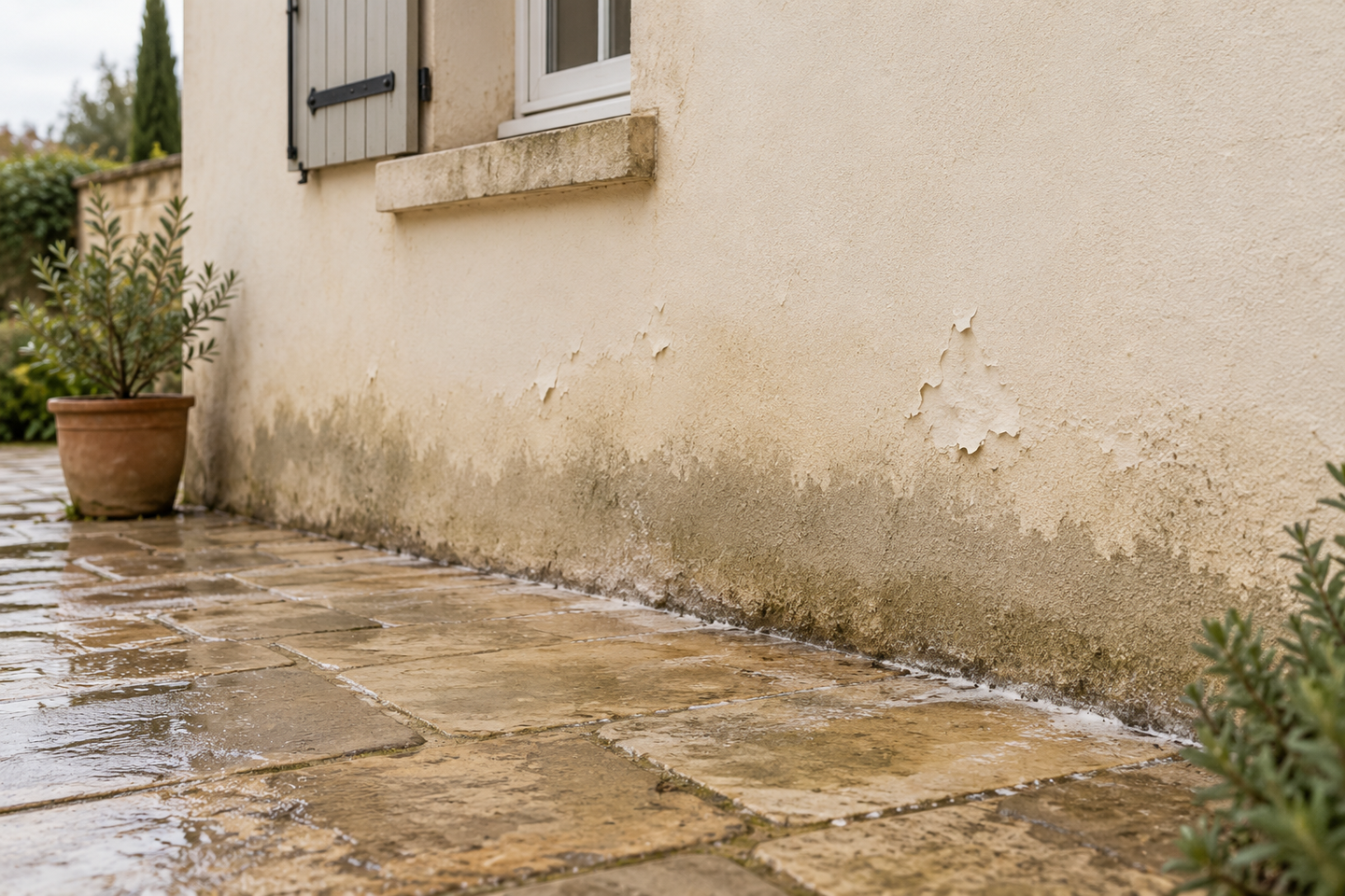 Traces d’humidité et peinture cloquée au pied d’un mur extérieur